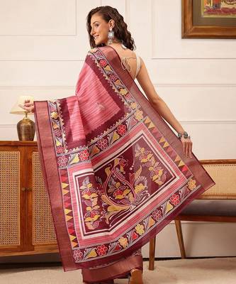 Pink printed silk blend ethnic saree with blouse piece 3