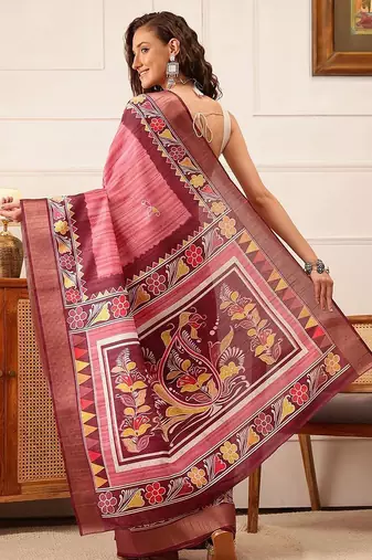 Pink printed silk blend ethnic saree with blouse piece