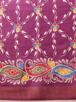 Purple printed silk blend ethnic saree with blouse piece 5