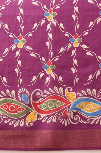 Purple printed silk blend ethnic saree with blouse piece