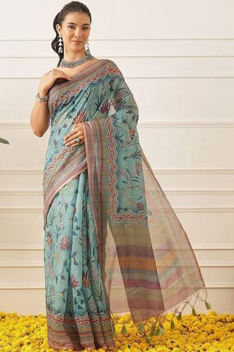 Blue printed cotton blend ethnic saree with blouse piece