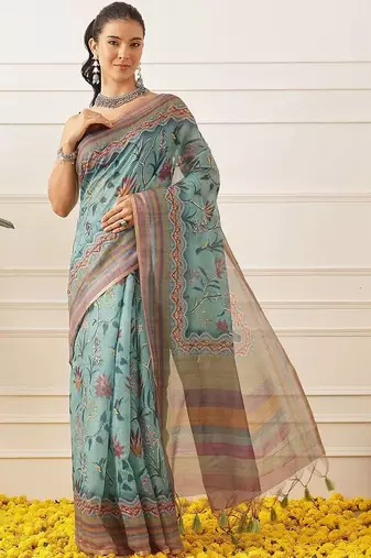 Blue printed cotton blend ethnic saree with blouse piece