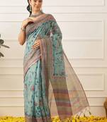 Blue printed cotton blend ethnic saree with blouse piece