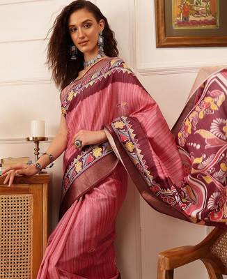 Pink printed silk blend ethnic saree with blouse piece 4