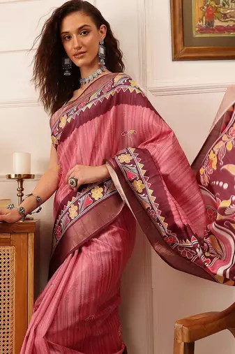 Pink printed silk blend ethnic saree with blouse piece