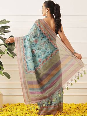Blue printed cotton blend ethnic saree with blouse piece 2