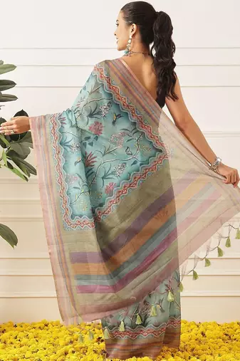 Blue printed cotton blend ethnic saree with blouse piece