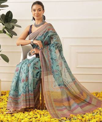 Blue printed cotton blend ethnic saree with blouse piece 3