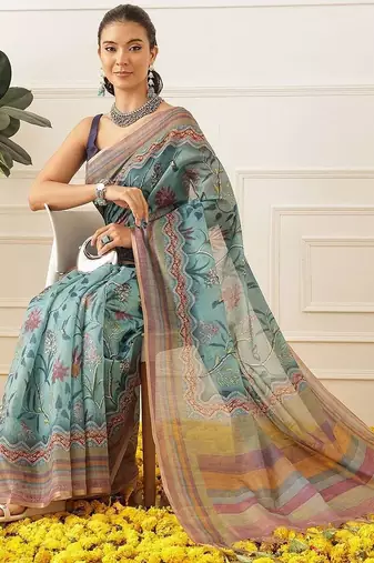 Blue printed cotton blend ethnic saree with blouse piece