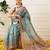 Blue printed cotton blend ethnic saree with blouse piece
