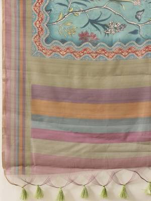 Blue printed cotton blend ethnic saree with blouse piece 5