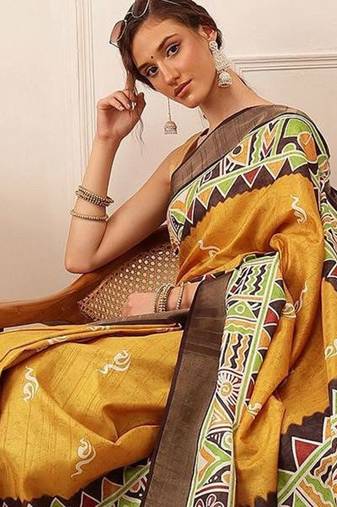 Yellow printed silk blend ethnic saree with blouse piece