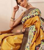Yellow printed silk blend ethnic saree with blouse piece