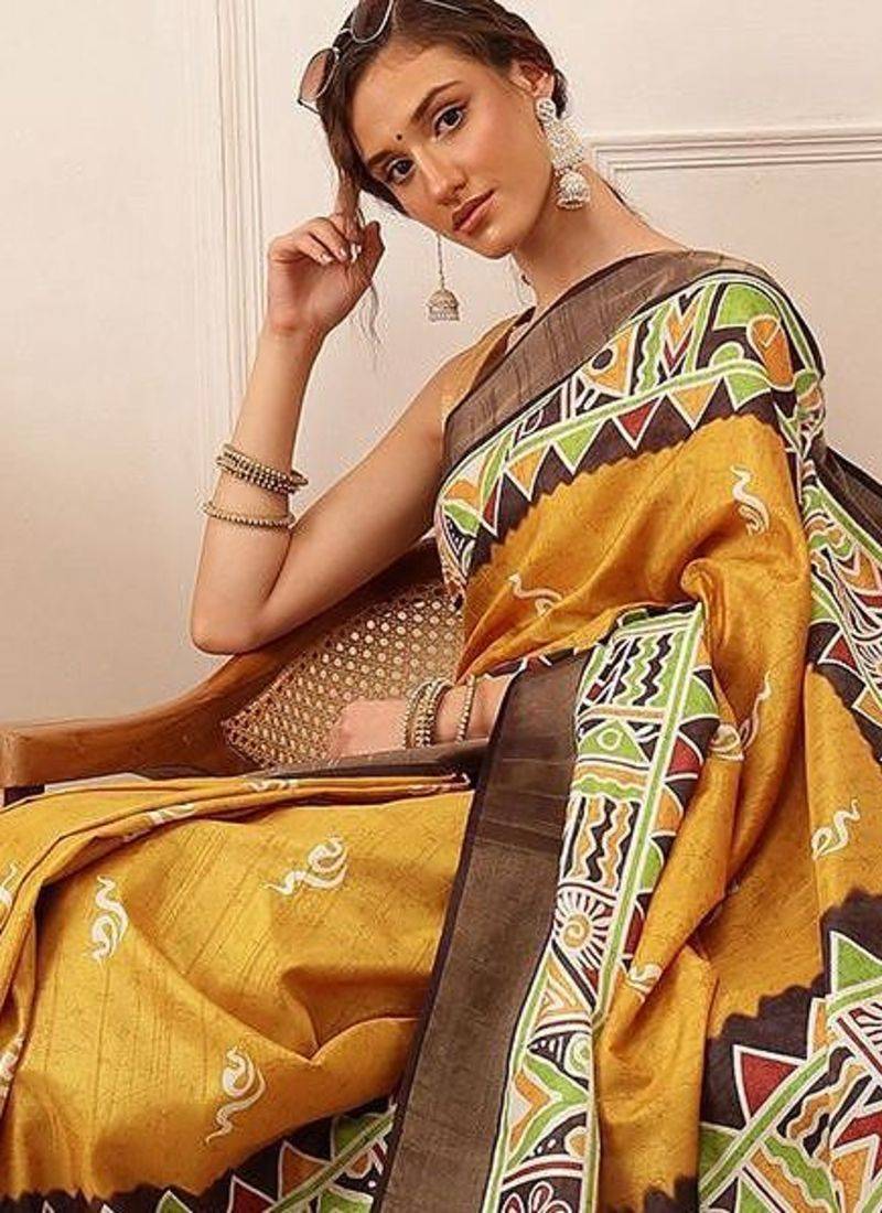Yellow printed silk blend ethnic saree with blouse piece