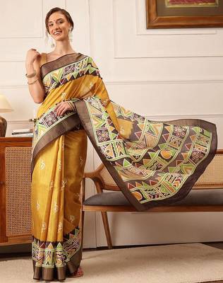 Yellow printed silk blend ethnic saree with blouse piece 2