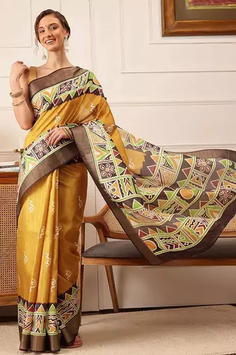 Yellow printed silk blend ethnic saree with blouse piece