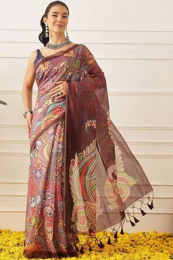 Purple printed cotton blend ethnic saree with blouse piece