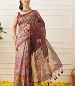 Purple printed cotton blend ethnic saree with blouse piece