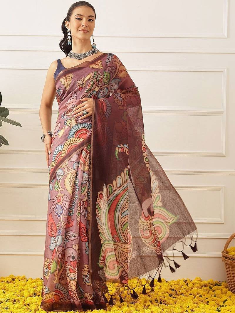Purple printed cotton blend ethnic saree with blouse piece
