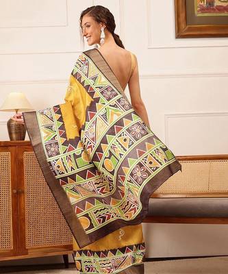 Yellow printed silk blend ethnic saree with blouse piece 3