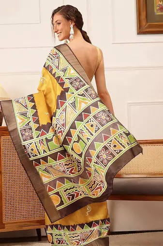 Yellow printed silk blend ethnic saree with blouse piece