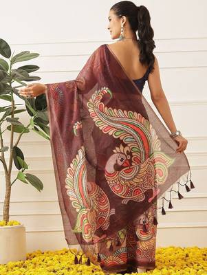 Purple printed cotton blend ethnic saree with blouse piece 2