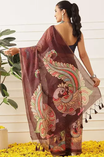 Purple printed cotton blend ethnic saree with blouse piece