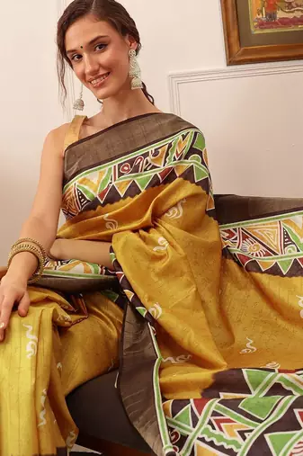 Yellow printed silk blend ethnic saree with blouse piece