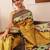 Yellow printed silk blend ethnic saree with blouse piece
