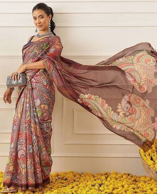 Purple printed cotton blend ethnic saree with blouse piece 3