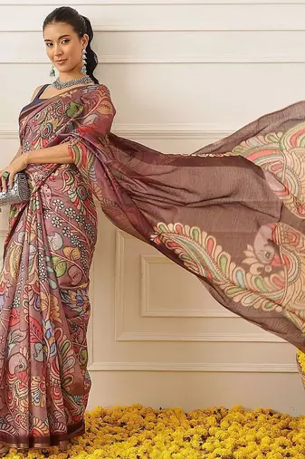 Purple printed cotton blend ethnic saree with blouse piece