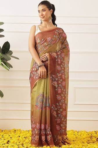 Multicolor printed cotton blend ethnic saree with blouse piece