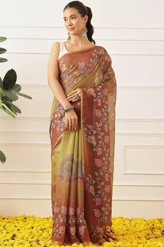 Multicolor printed cotton blend ethnic saree with blouse piece