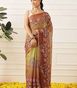 Multicolor printed cotton blend ethnic saree with blouse piece
