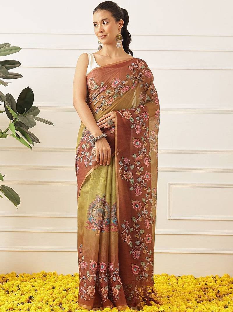 Multicolor printed cotton blend ethnic saree with blouse piece