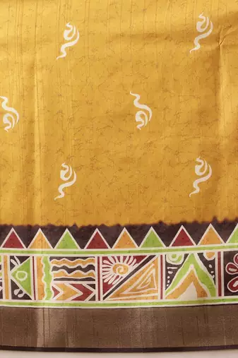 Yellow printed silk blend ethnic saree with blouse piece