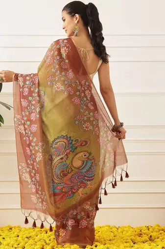 Multicolor printed cotton blend ethnic saree with blouse piece