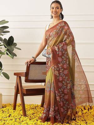 Multicolor printed cotton blend ethnic saree with blouse piece 3