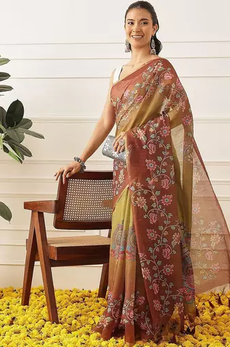 Multicolor printed cotton blend ethnic saree with blouse piece