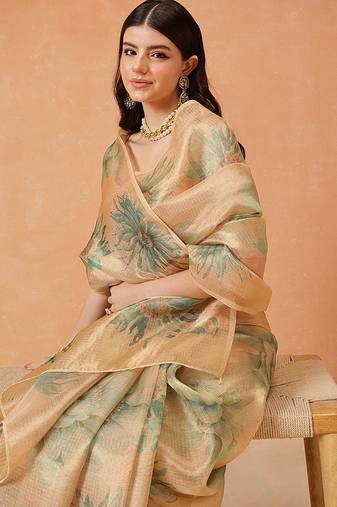Beige printed tissue traditional saree with blouse piece