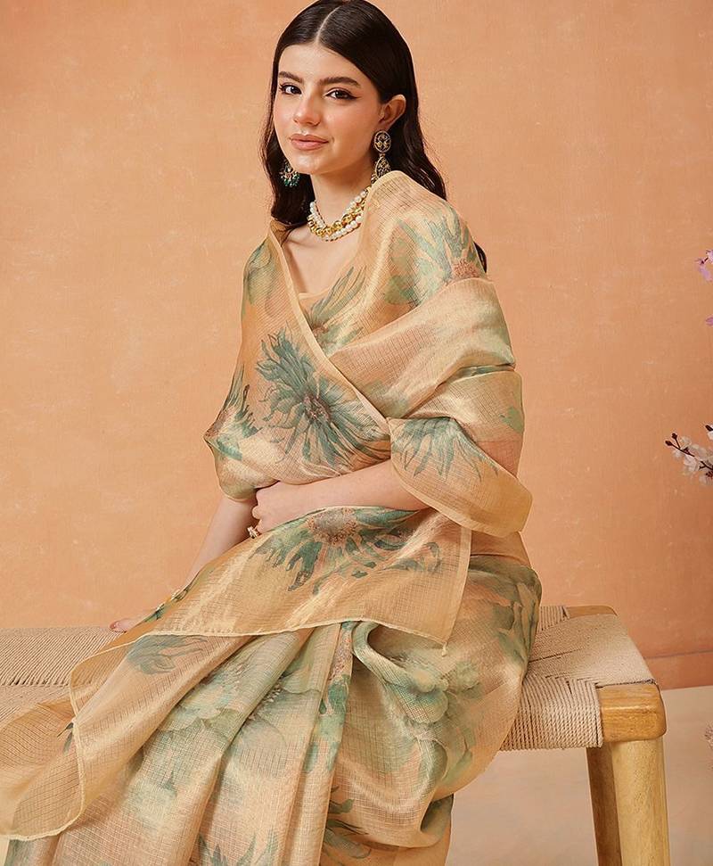 Beige printed tissue traditional saree with blouse piece