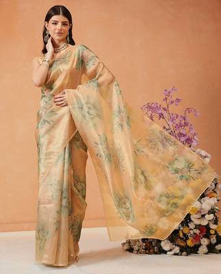 Beige printed tissue traditional saree with blouse piece 2