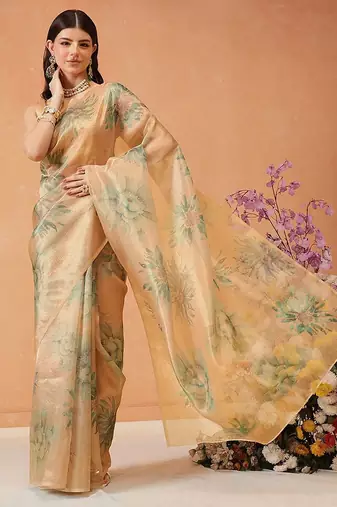 Beige printed tissue traditional saree with blouse piece