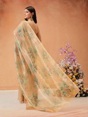 Beige printed tissue traditional saree with blouse piece 3