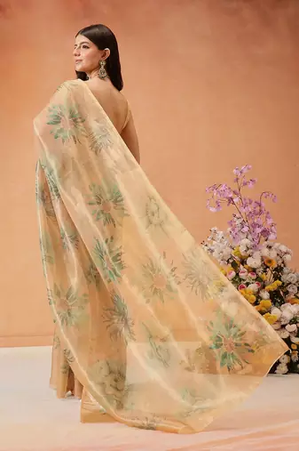 Beige printed tissue traditional saree with blouse piece