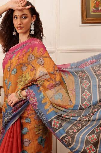 Mustard printed silk cotton ethnic saree with blouse piece