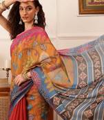 Mustard printed silk cotton ethnic saree with blouse piece