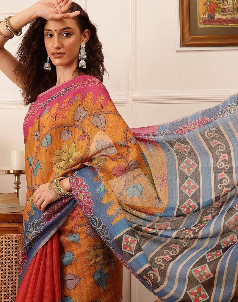 Mustard printed silk cotton ethnic saree with blouse piece