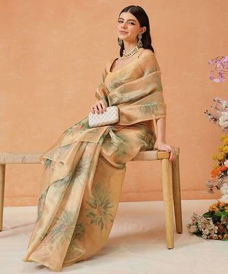 Beige printed tissue traditional saree with blouse piece 4