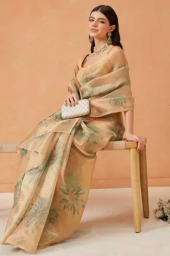 Beige printed tissue traditional saree with blouse piece